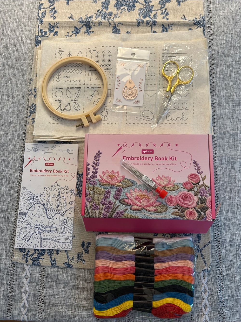 Spicssa Pink Embroidery Book Kit with Threads, Hoop & Scissors